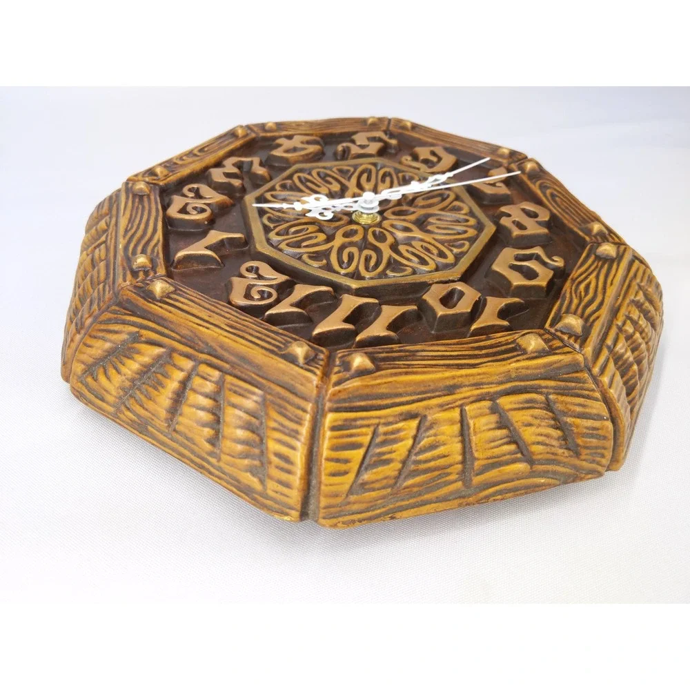Arnel's Wall Clock Brown Vintage Mid Century Ceramic Octagon Faux Wood Grain